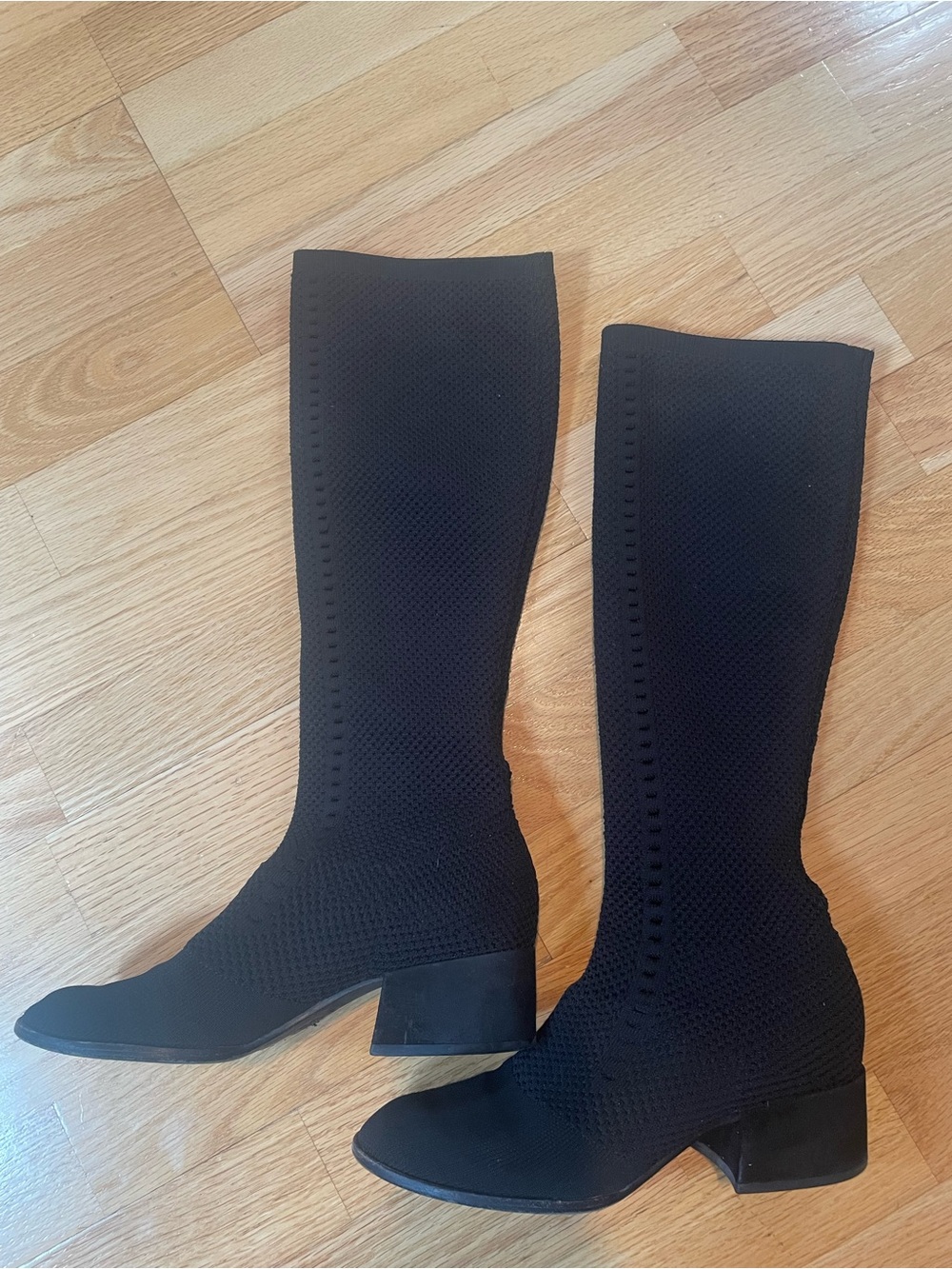 Eileen Fisher Black Knit Mid-Calf Block Heel Boots - Picture 2 of 3